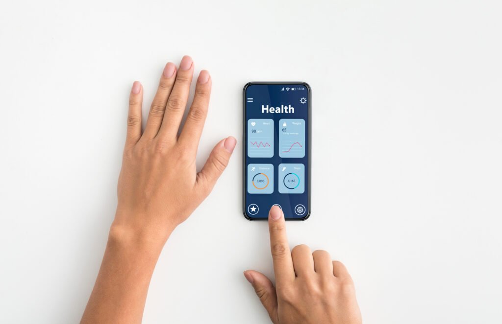 woman using smartphone with daily physical activity tracking app, creative collage woman using smartphone with daily physical activity tracking app, creative collage